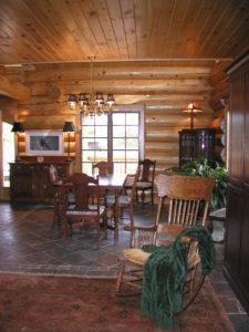 cedar log home great room, dining room