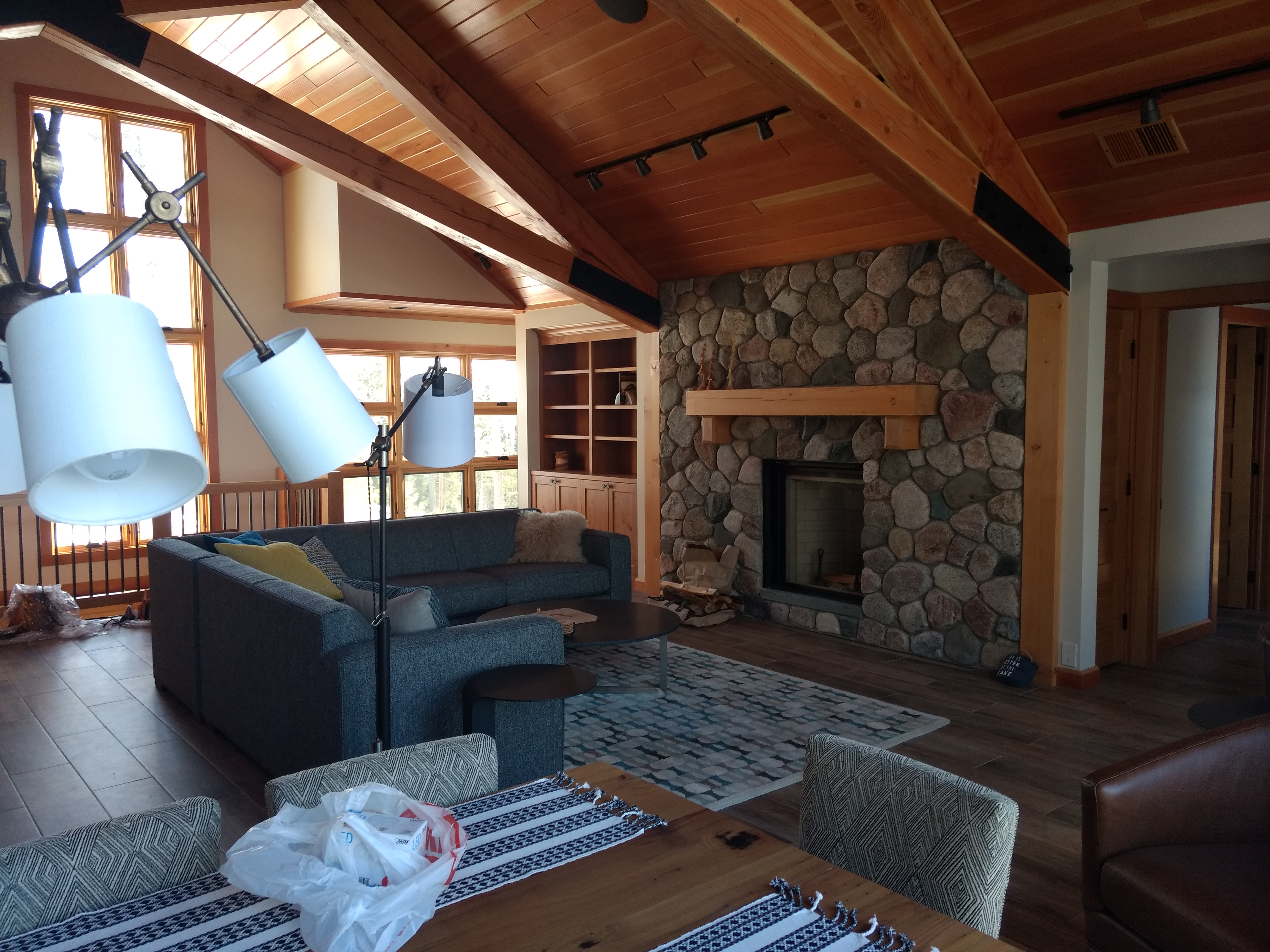 Great room kitchen dining doug fir and tile