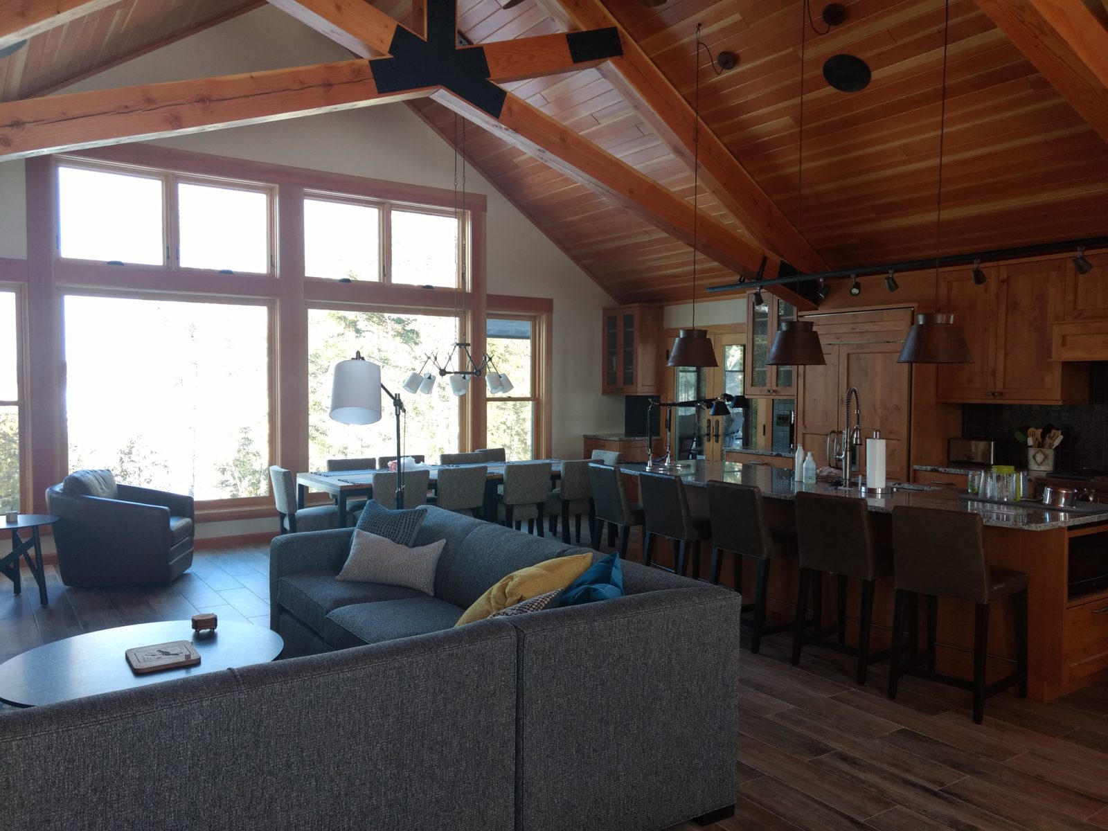 Great room kitchen dining doug fir and tile
