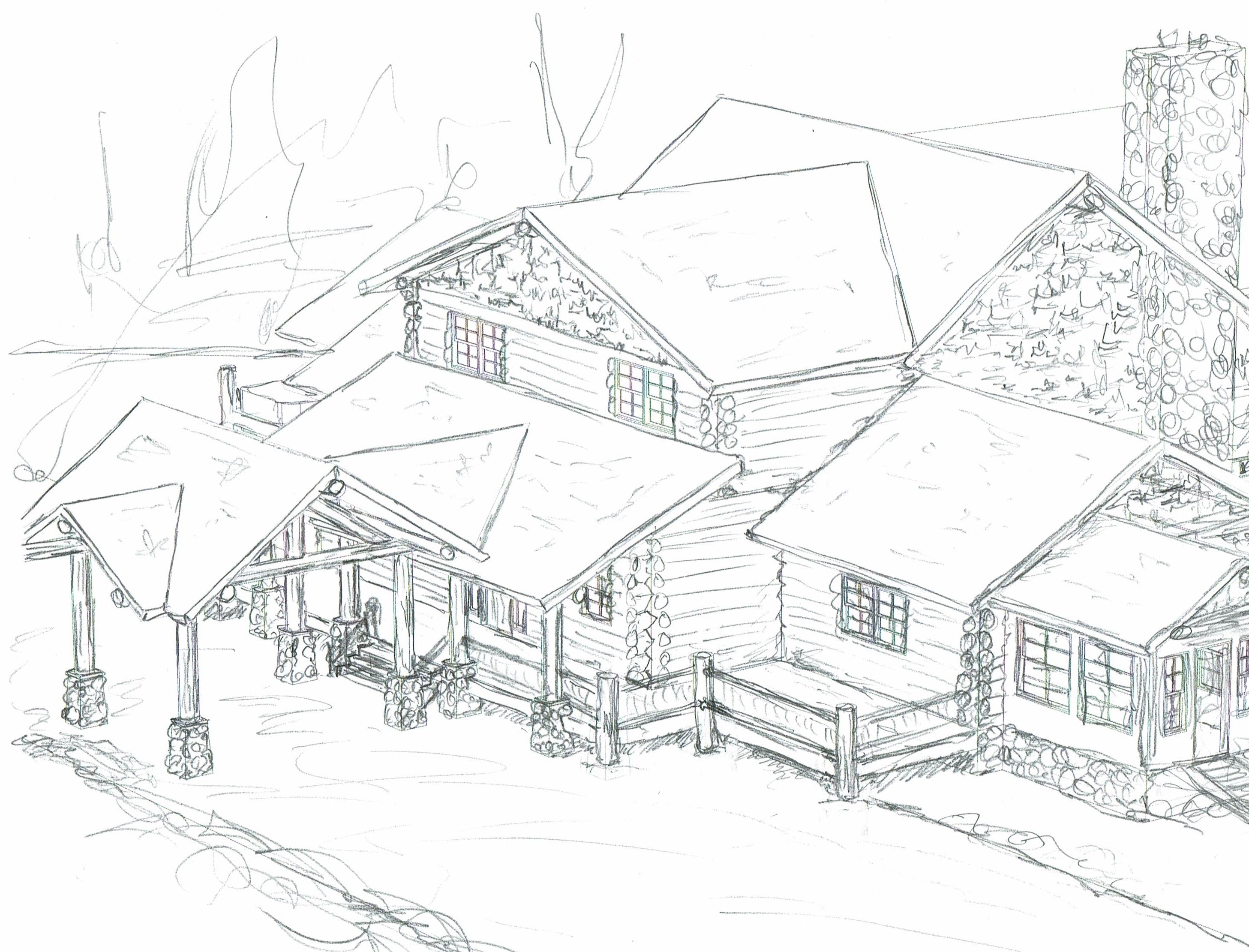 Sketch of drive-through portico log side of home