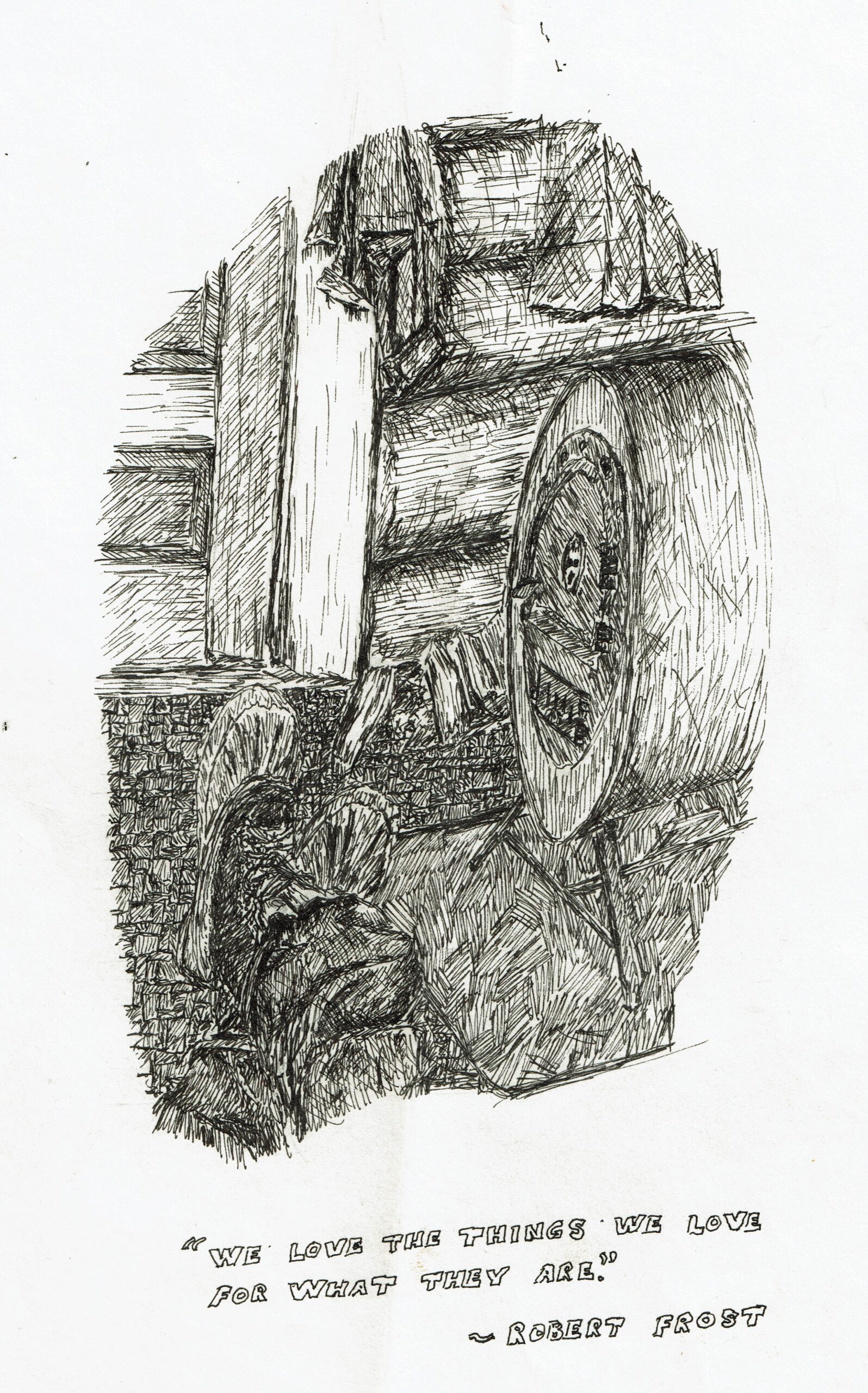 Buyck log cabin, ink drawing, barrelstove